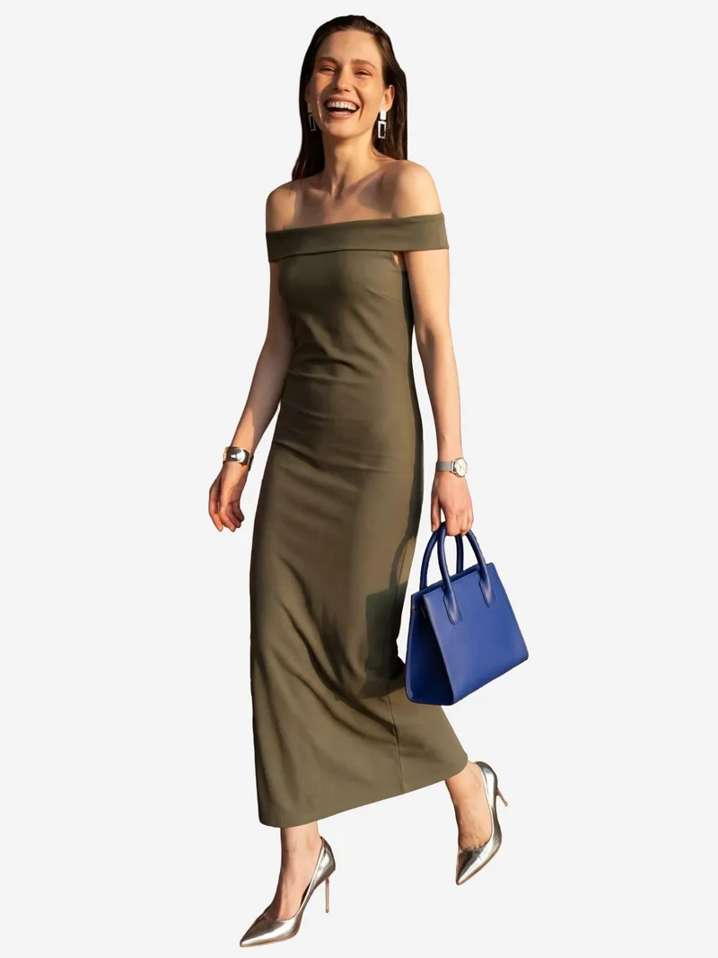 MY FASHION Khaki Green MY FASHION Off Shoulder Bodycon Maxi Dress with Slit for Women | Best Price UAE